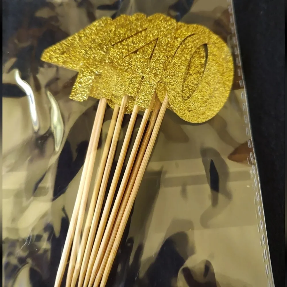 Happy Birthday, 40th Theme, Gold Glitter, 3 Designs, 24 Pack, Cupcake Toppers